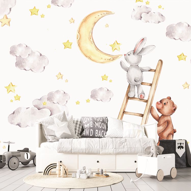 טפט לחדר תינוקות lullaby ציור מים של ארנב מטפס לירח על סולם ודובי עוזר לו, בלילה זרוע כוכבים. - מרשמלו עיצוב הבית