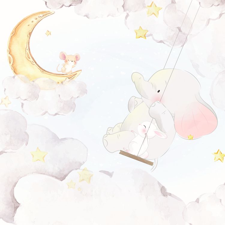 טפט חדר תינוקות lullaby פיל מתנדנד על ענן ועכבר צופה בו, יושב על הירח - מרשמלו עיצוב הבית