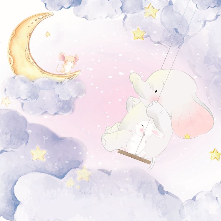 טפט חדר תינוקות lullaby פיל מתנדנד על ענן ועכבר צופה בו, יושב על הירח - מרשמלו עיצוב הבית