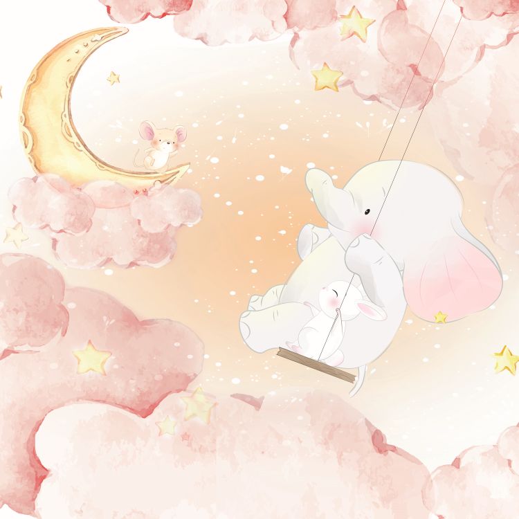 טפט חדר תינוקות lullaby פיל מתנדנד על ענן ועכבר צופה בו, יושב על הירח - מרשמלו עיצוב הבית