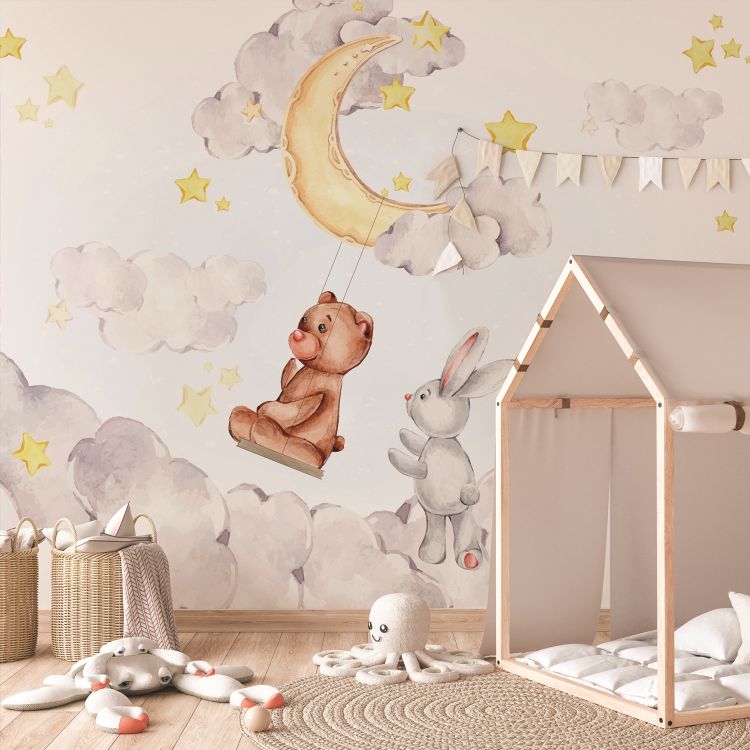 טפט חדר ילדים lullaby ארנב מנדנד דובי על ירח רקע עננים כוכבים - מרשמלו עיצוב הבית