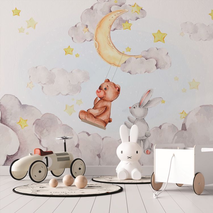 טפט חדר ילדים lullaby ארנב מנדנד דובי על ירח רקע עננים כוכבים - מרשמלו עיצוב הבית