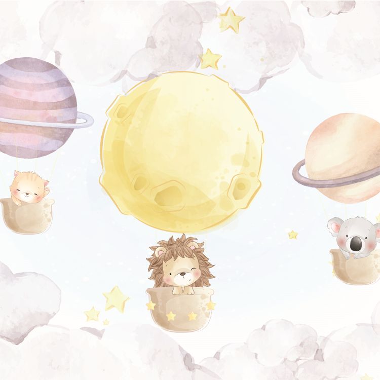 טפט חדר תינוקות lullaby גור חתולים, אריה וקואלה עפים בתוך ספלים הרתומים לכוכבים - מרשמלו עיצוב הבית
