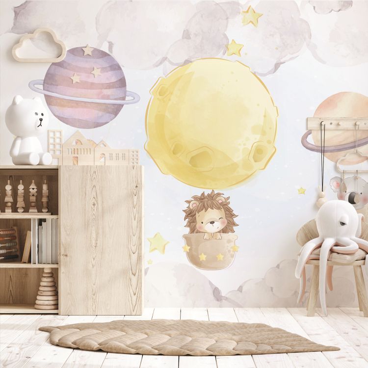 טפט חדר תינוקות lullaby גור חתולים, אריה וקואלה עפים בתוך ספלים הרתומים לכוכבים - מרשמלו עיצוב הבית