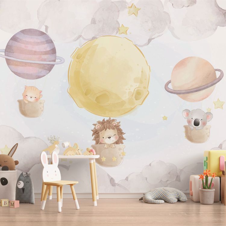 טפט חדר תינוקות lullaby גור חתולים, אריה וקואלה עפים בתוך ספלים הרתומים לכוכבים - מרשמלו עיצוב הבית