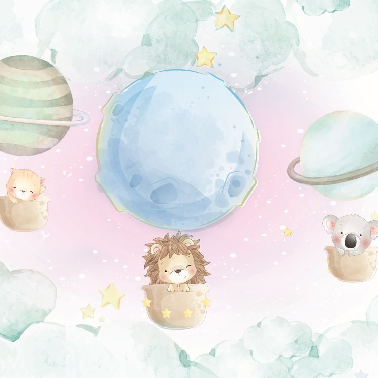 טפט חדר תינוקות lullaby גור חתולים, אריה וקואלה עפים בתוך ספלים הרתומים לכוכבים - מרשמלו עיצוב הבית