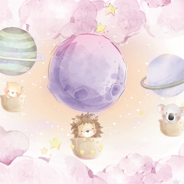 טפט חדר תינוקות lullaby גור חתולים, אריה וקואלה עפים בתוך ספלים הרתומים לכוכבים - מרשמלו עיצוב הבית