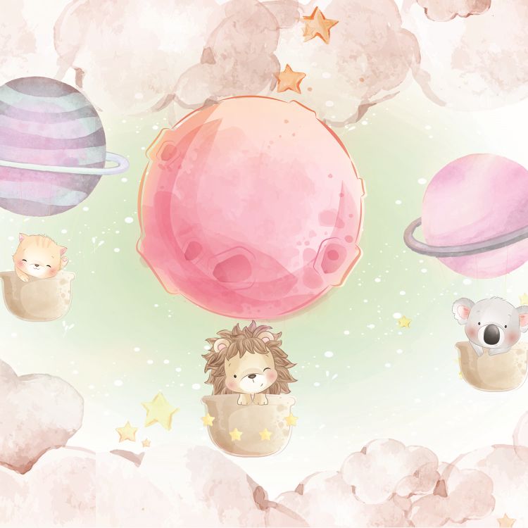 טפט חדר תינוקות lullaby גור חתולים, אריה וקואלה עפים בתוך ספלים הרתומים לכוכבים - מרשמלו עיצוב הבית