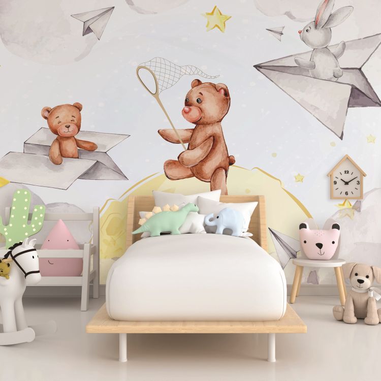 טפט לחדר תינוקות lullaby ארנב ודובי במטוסים מנייר משחקים בשמים ודובי על ירח עם רקע עננים - מרשמלו עיצוב הבית