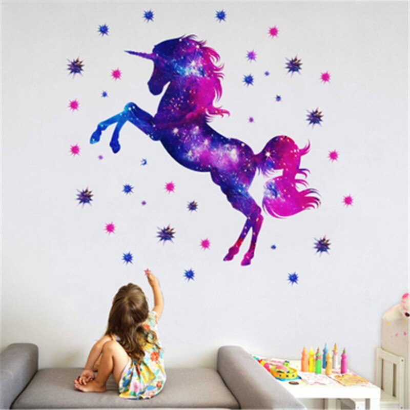 כוכבים חלל החיצון Unicorn קיר מדבקות לילדים חדרים תינוק בנות חדר בית תפאורה ילדי שינה משתלת קיר מדבקות מדבקות