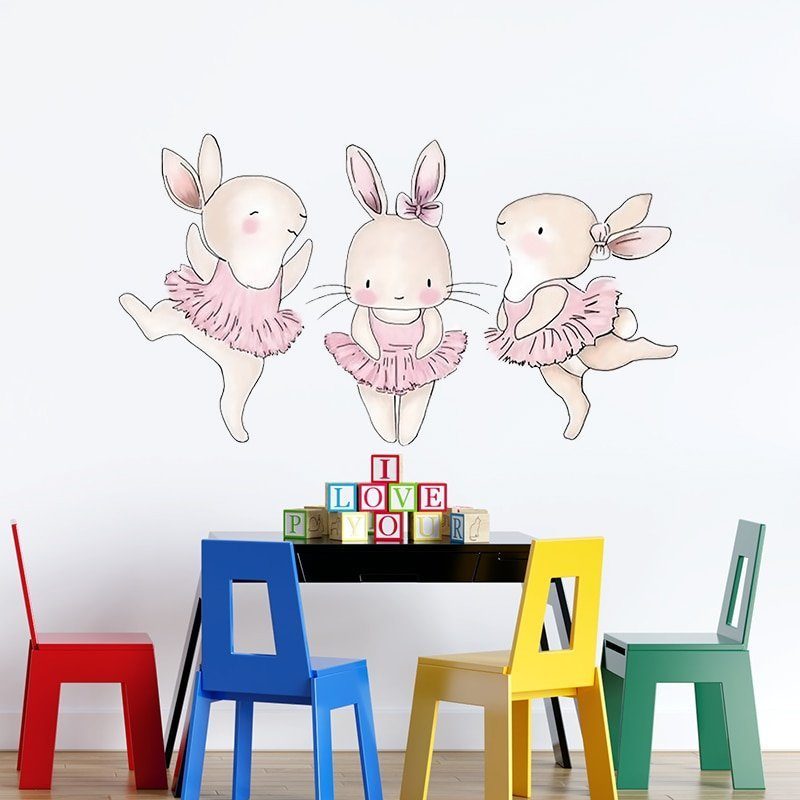 3pcs ריקוד ארנבים לבנות חדר תינוק ילדי חדר קיר תפאורה ידידותית לסביבה ויניל קיר מדבקות אמנות עיצוב הבית
