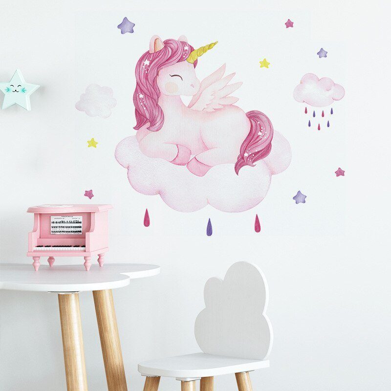 מחייך Unicorn קיר מדבקות לילדים חדר בנות חדר רקע קיר דקור נשלף ויניל לחדר ילדים בית תפאורה