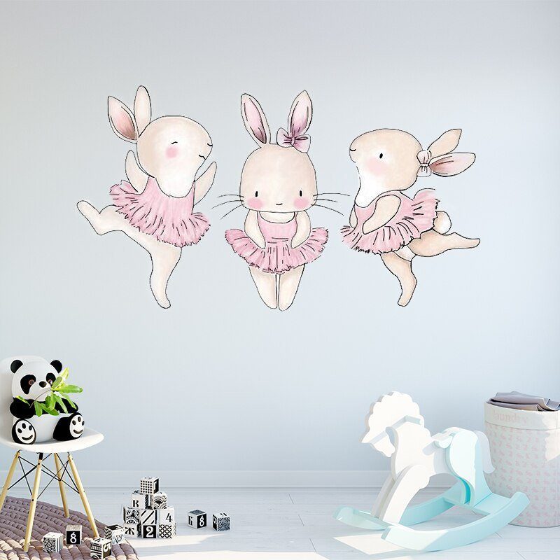 3pcs ריקוד ארנבים לבנות חדר תינוק ילדי חדר קיר תפאורה ידידותית לסביבה ויניל קיר מדבקות אמנות עיצוב הבית