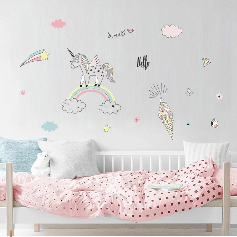 קריקטורה יד מצוירת קשת unicorn מדבקות קיר גן ילדים חדר רקע קיר מדבקת ציורי קיר לילדים קיר תפאורה