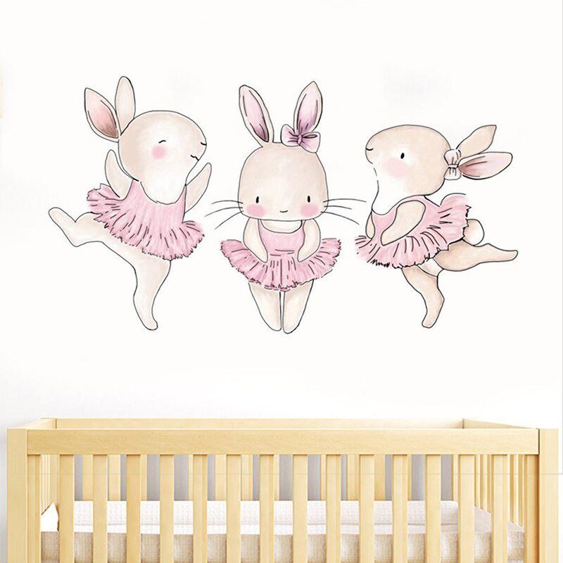 3pcs ריקוד ארנבים לבנות חדר תינוק ילדי חדר קיר תפאורה ידידותית לסביבה ויניל קיר מדבקות אמנות עיצוב הבית
