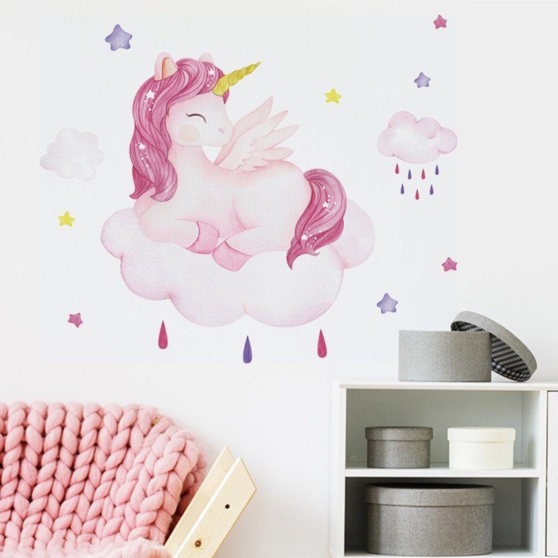 מחייך Unicorn קיר מדבקות לילדים חדר בנות חדר רקע קיר דקור נשלף ויניל לחדר ילדים בית תפאורה