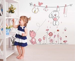 מדבקת קיר דובי וחתול על חבל - מרשמלו עיצוב הבית