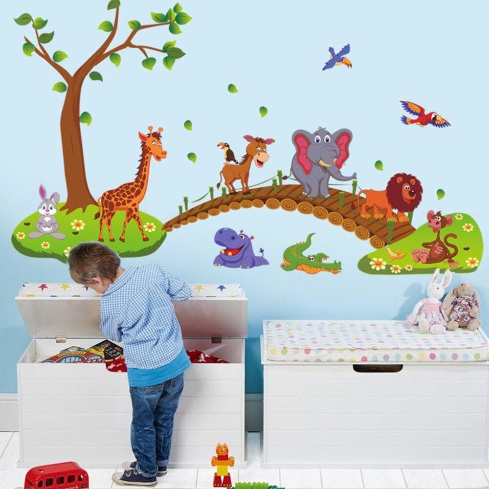 Kawaii גדול ג 'ונגל חיות גשר PVC קיר מדבקות טפט לחדר שינה לילדים מדבקות ילדים משתלת חדר שינה קישוט