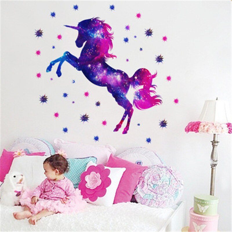 כוכבים חלל החיצון Unicorn קיר מדבקות לילדים חדרים תינוק בנות חדר בית תפאורה ילדי שינה משתלת קיר מדבקות מדבקות