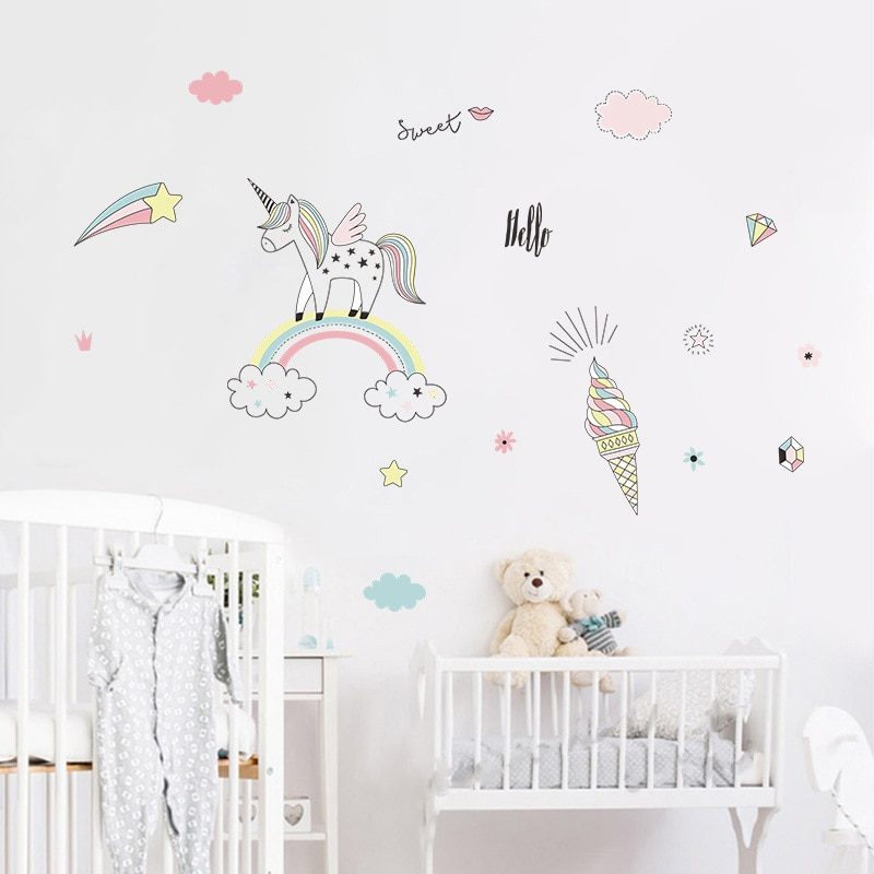 קריקטורה יד מצוירת קשת unicorn מדבקות קיר גן ילדים חדר רקע קיר מדבקת ציורי קיר לילדים קיר תפאורה