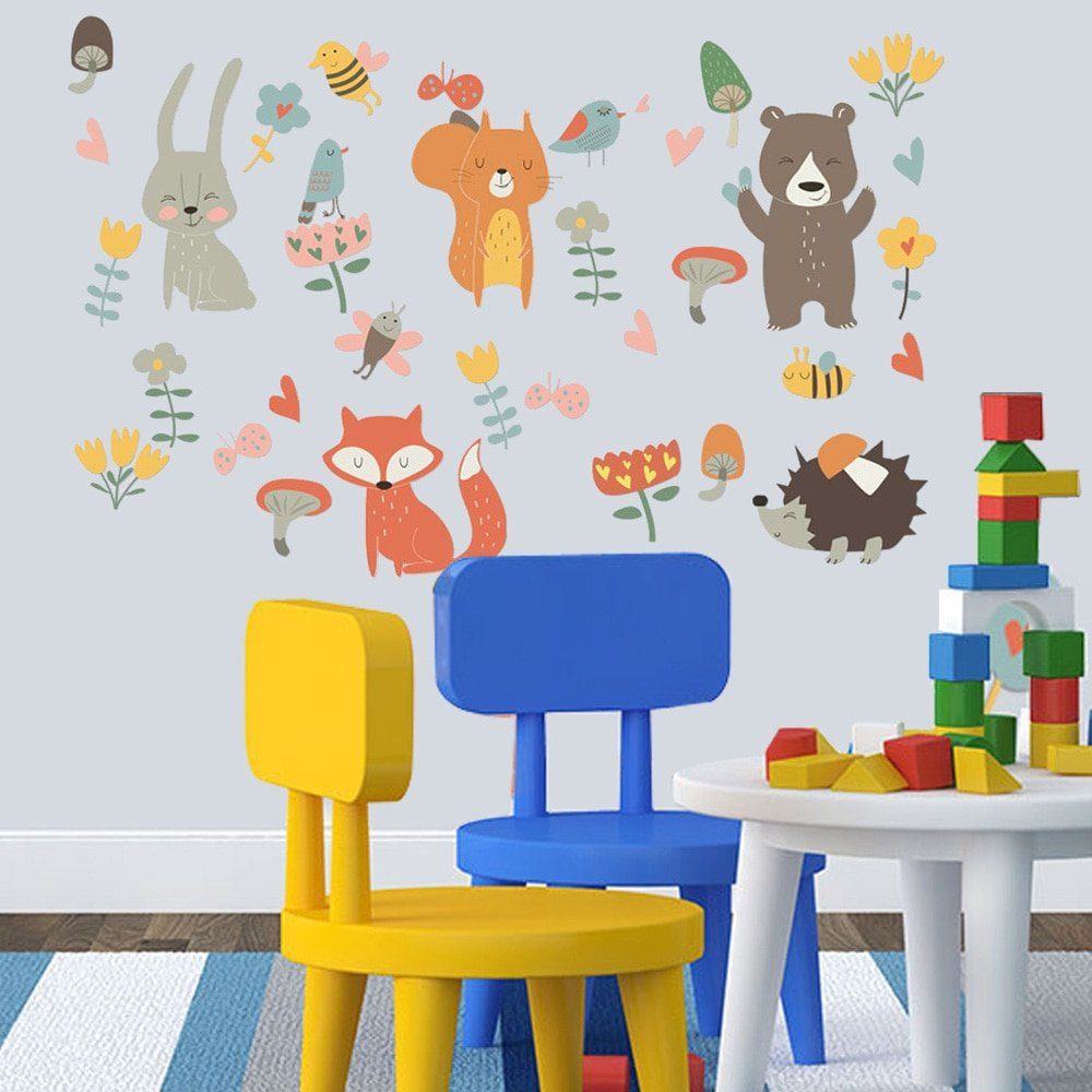 יער בעלי החיים מסיבת קיר מדבקה לילדים חדרי שינה קישוטי טפט קיר בית אמנות מדבקות קריקטורה שילוב מדבקות