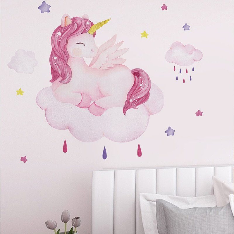 מחייך Unicorn קיר מדבקות לילדים חדר בנות חדר רקע קיר דקור נשלף ויניל לחדר ילדים בית תפאורה