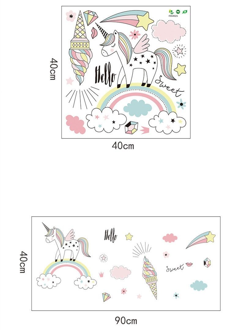 קריקטורה יד מצוירת קשת unicorn מדבקות קיר גן ילדים חדר רקע קיר מדבקת ציורי קיר לילדים קיר תפאורה